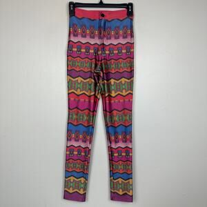 Vintage Neomax Womens Rainbow Geometric High Waist Shiny 70s Disco Leggings XS